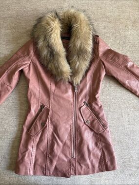 Faux Leather Pink Jacket with Faux-Fur Collar